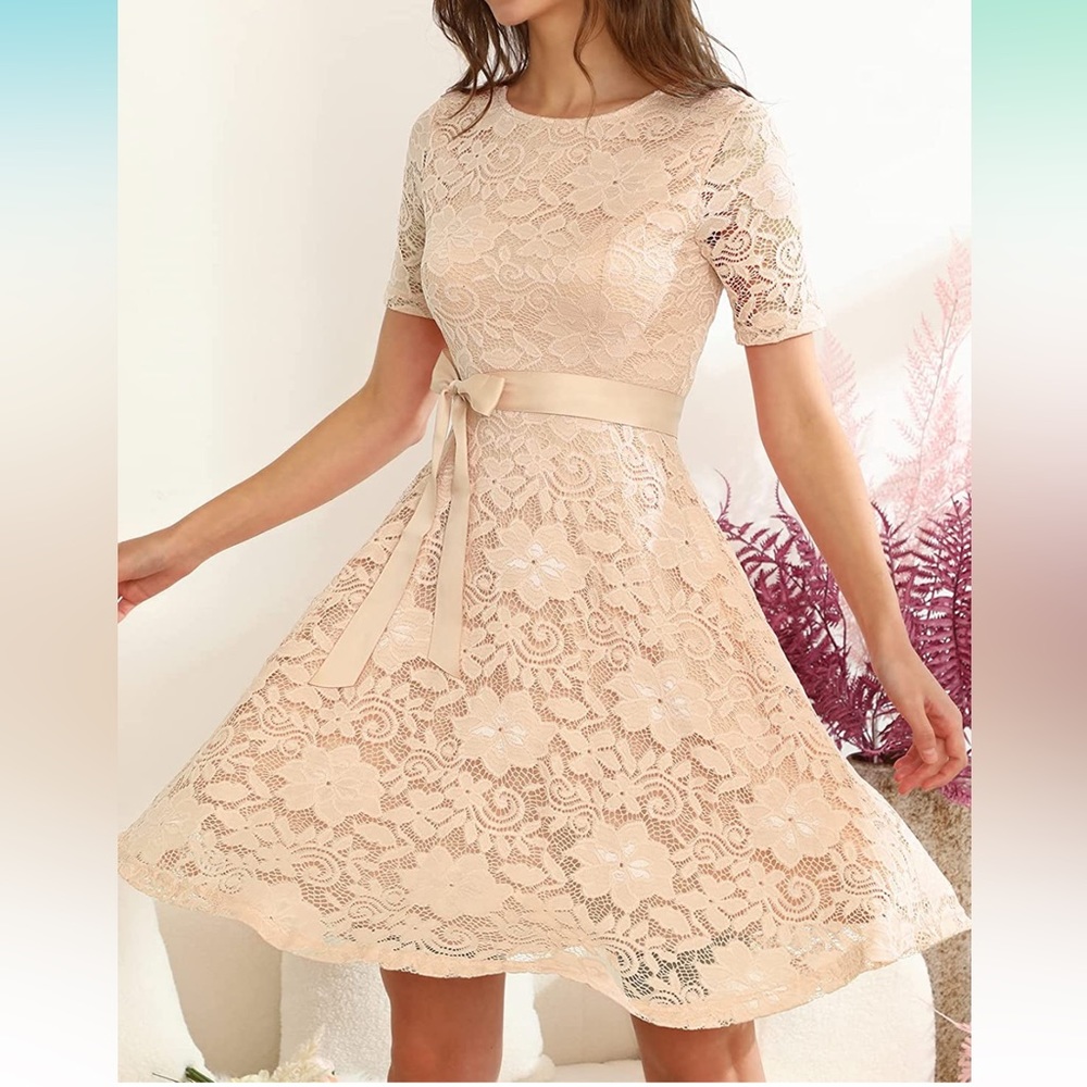 DRESSTELLS Spring Summer Dress with Lace and Belt Short Sleeve